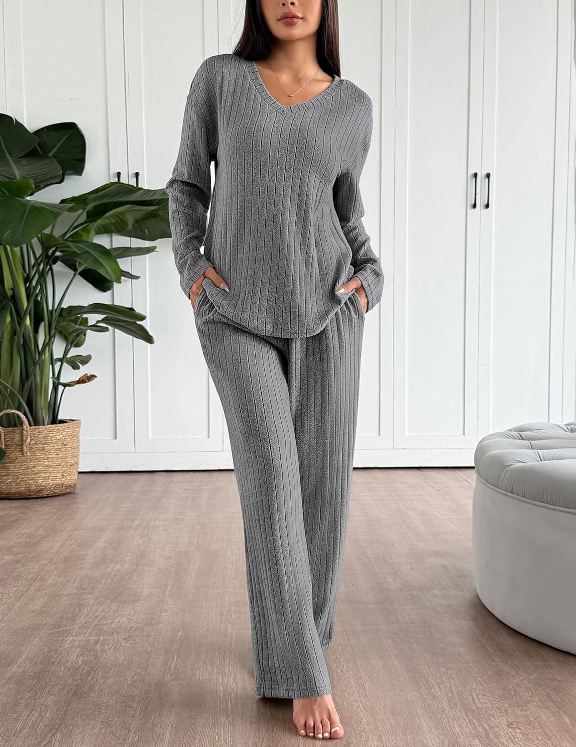 imageEkouaer Lounge Sets for Women Long Sleeve Knit Ribbed Pajama Sets 2 Piece Casual Loungewear with PocketsDark Gray
