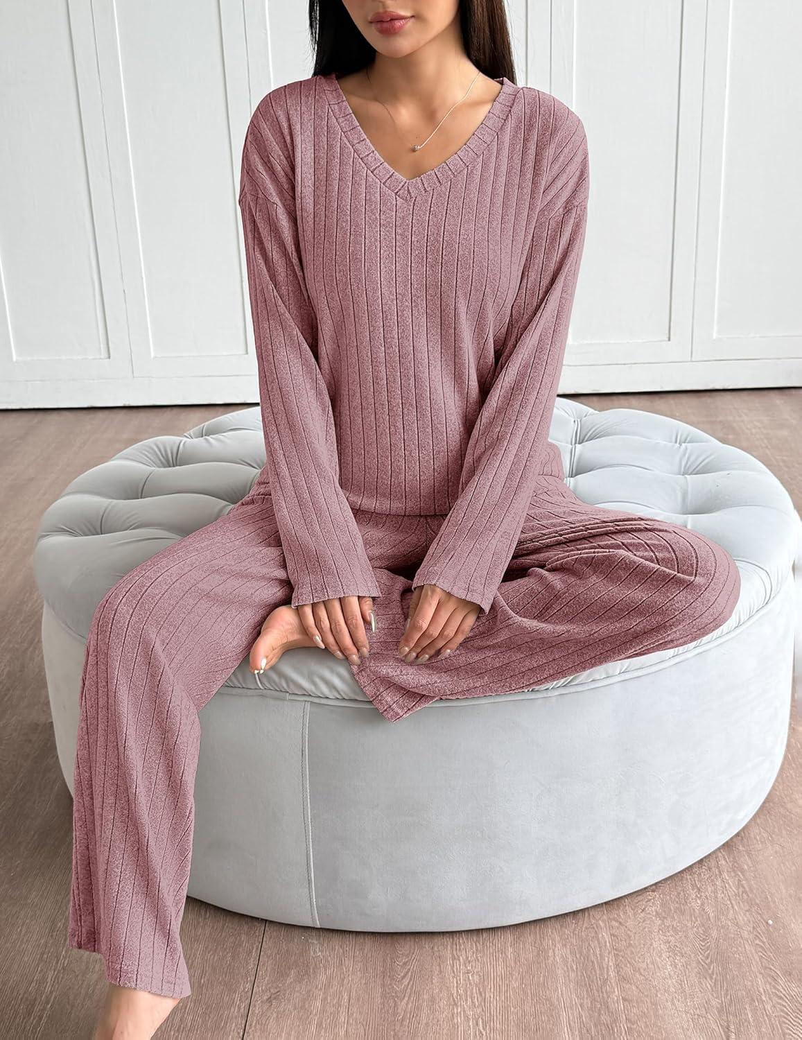 imageEkouaer Lounge Sets for Women Long Sleeve Knit Ribbed Pajama Sets 2 Piece Casual Loungewear with PocketsDusty Rose