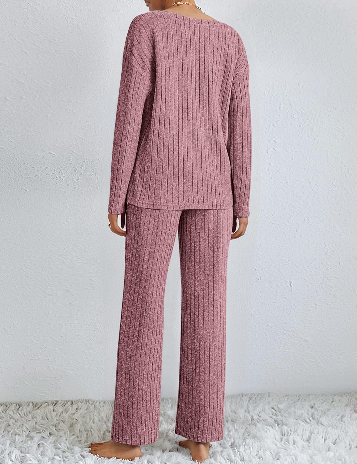 imageEkouaer Lounge Sets for Women Long Sleeve Knit Ribbed Pajama Sets 2 Piece Casual Loungewear with PocketsDusty Rose