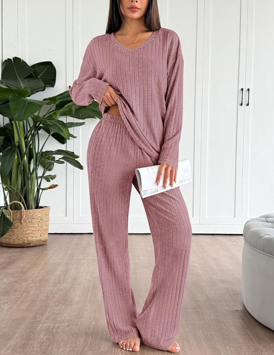 imageEkouaer Lounge Sets for Women Long Sleeve Knit Ribbed Pajama Sets 2 Piece Casual Loungewear with PocketsDusty Rose