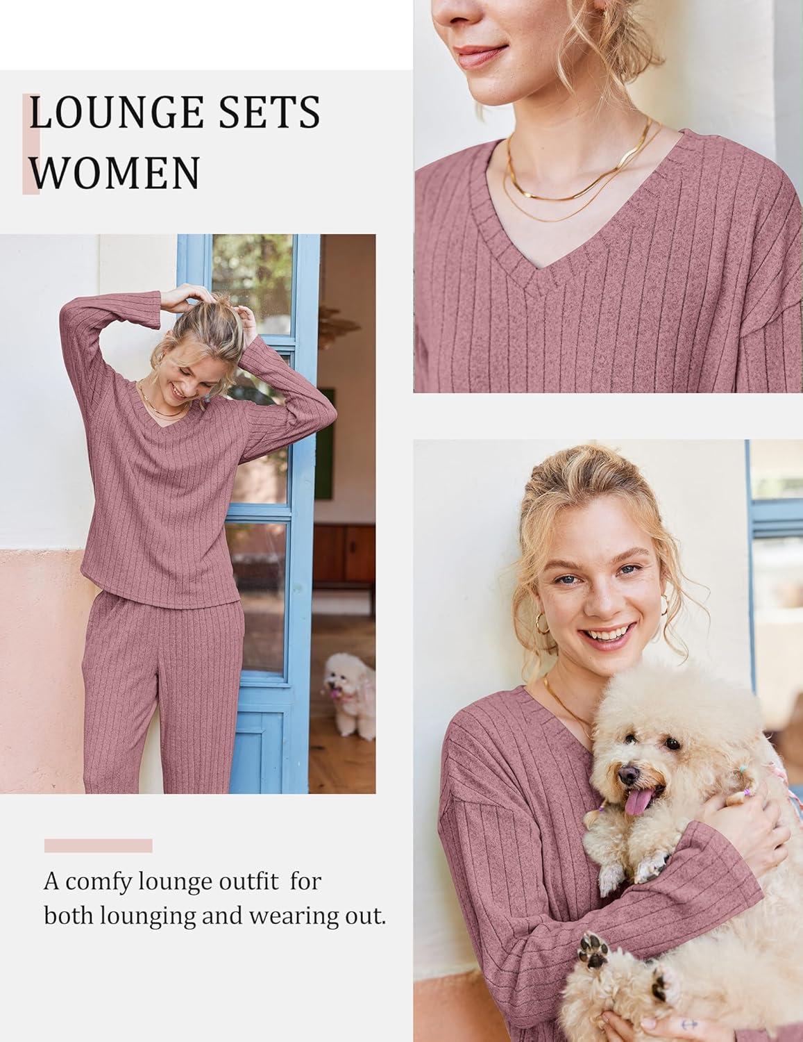 imageEkouaer Lounge Sets for Women Long Sleeve Knit Ribbed Pajama Sets 2 Piece Casual Loungewear with PocketsDusty Rose