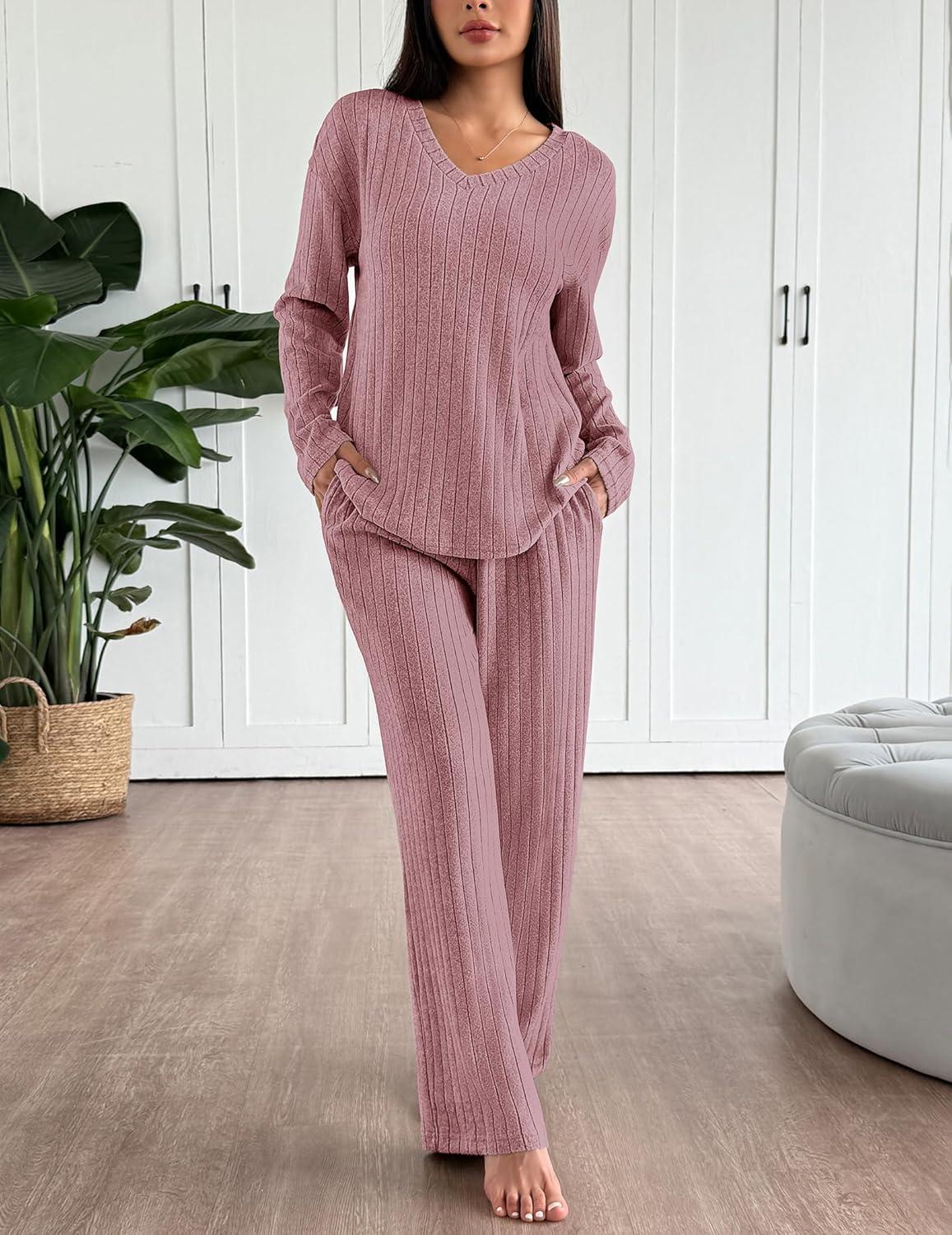 imageEkouaer Lounge Sets for Women Long Sleeve Knit Ribbed Pajama Sets 2 Piece Casual Loungewear with PocketsDusty Rose
