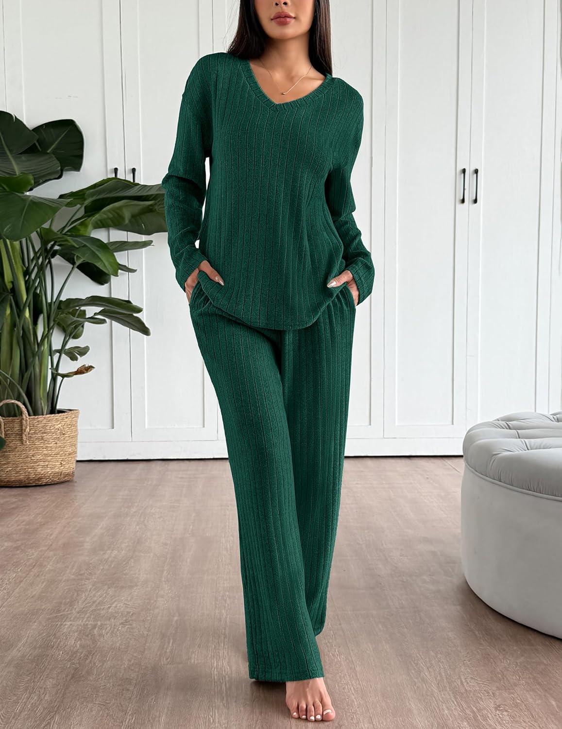 imageEkouaer Lounge Sets for Women Long Sleeve Knit Ribbed Pajama Sets 2 Piece Casual Loungewear with PocketsGreen