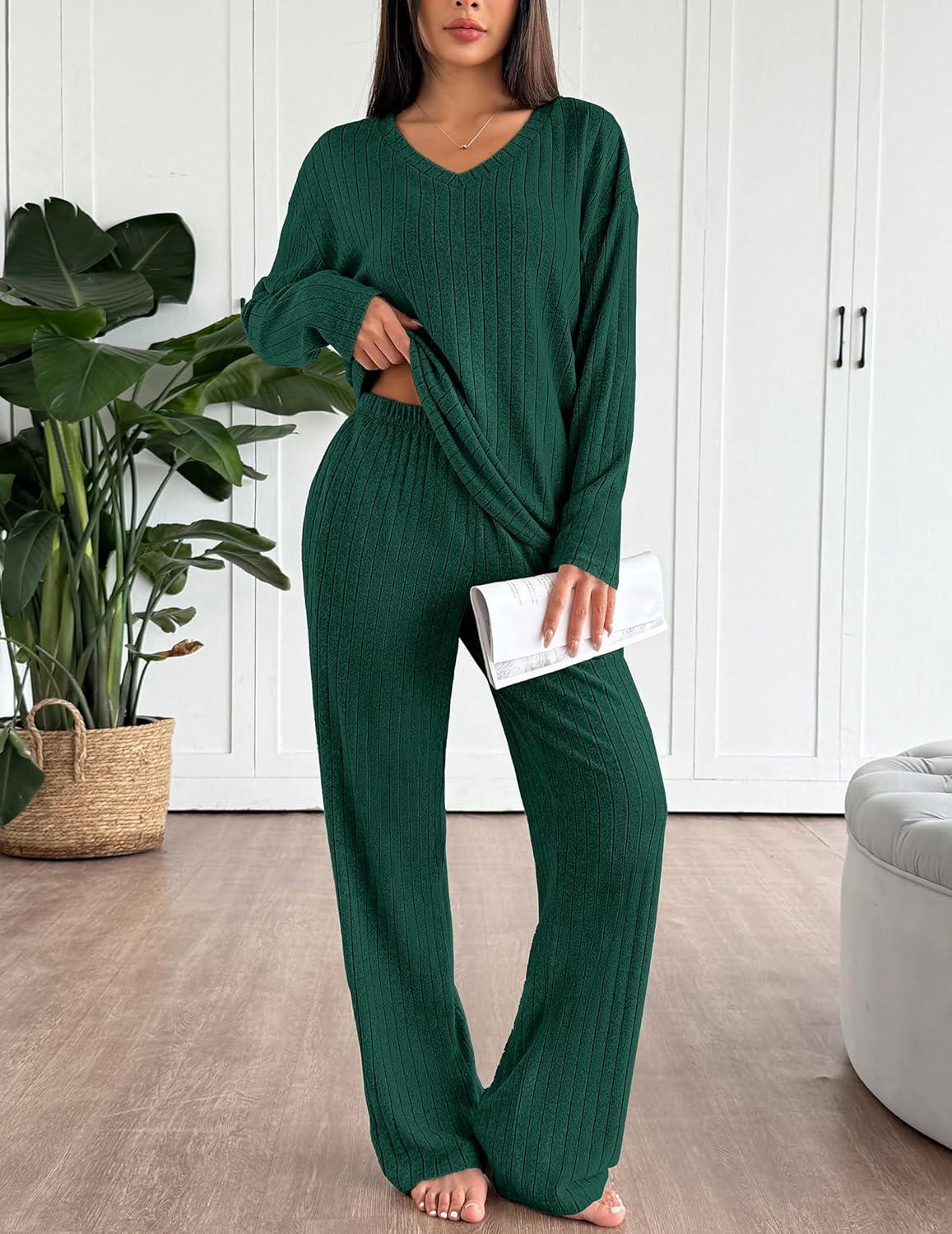 imageEkouaer Lounge Sets for Women Long Sleeve Knit Ribbed Pajama Sets 2 Piece Casual Loungewear with PocketsGreen