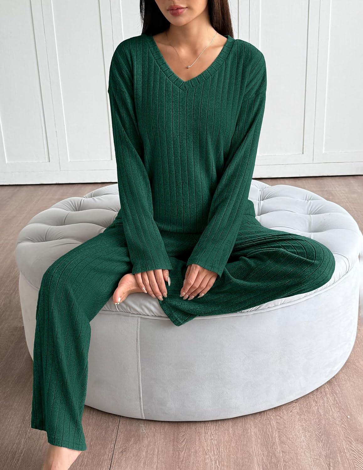 imageEkouaer Lounge Sets for Women Long Sleeve Knit Ribbed Pajama Sets 2 Piece Casual Loungewear with PocketsGreen