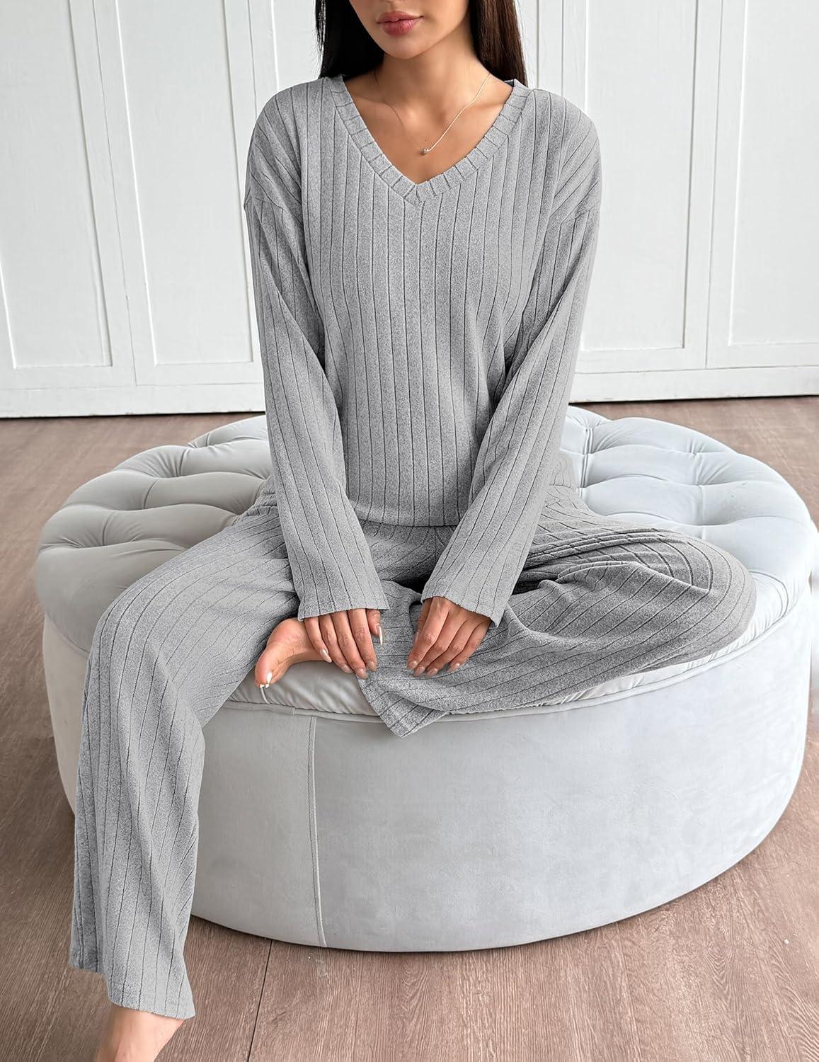 imageEkouaer Lounge Sets for Women Long Sleeve Knit Ribbed Pajama Sets 2 Piece Casual Loungewear with PocketsLight Gray