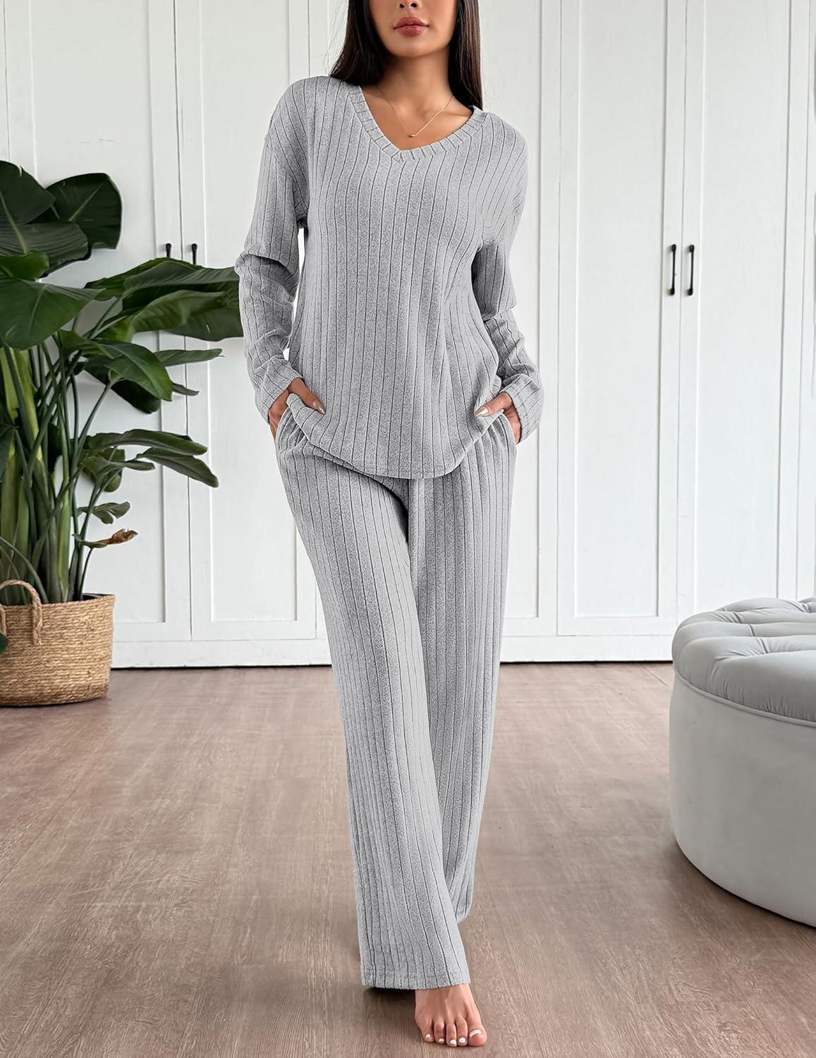 imageEkouaer Lounge Sets for Women Long Sleeve Knit Ribbed Pajama Sets 2 Piece Casual Loungewear with PocketsLight Gray