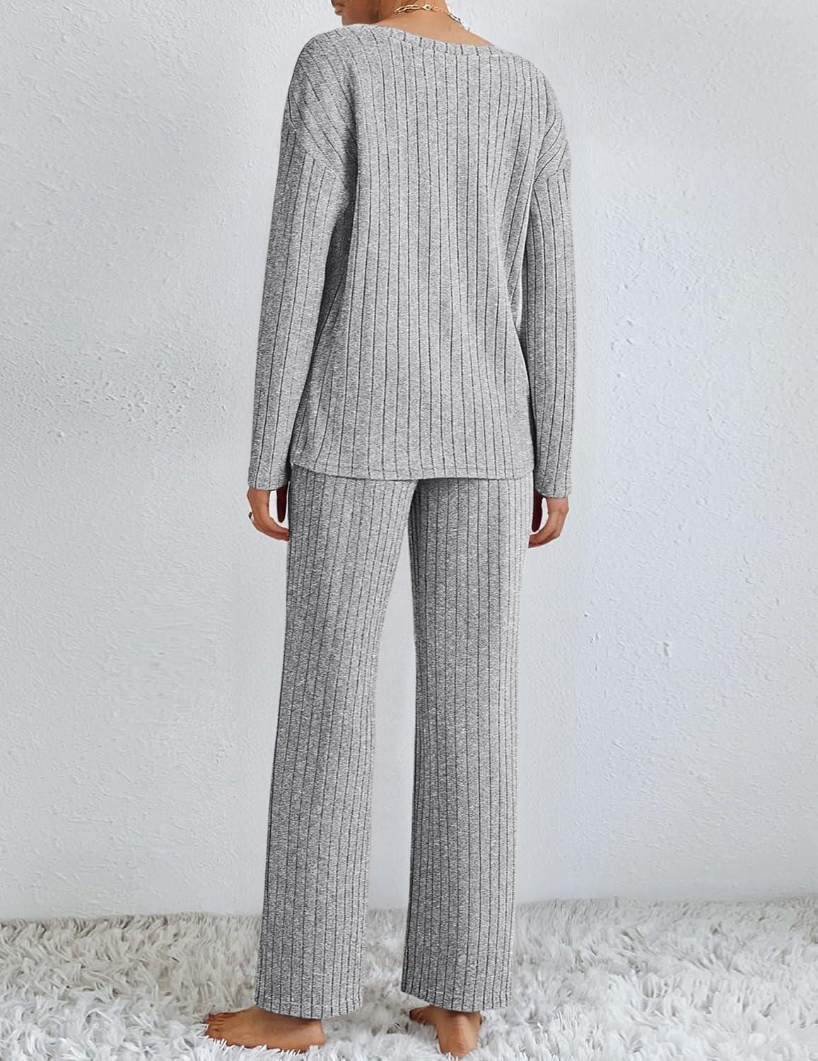 imageEkouaer Lounge Sets for Women Long Sleeve Knit Ribbed Pajama Sets 2 Piece Casual Loungewear with PocketsLight Gray