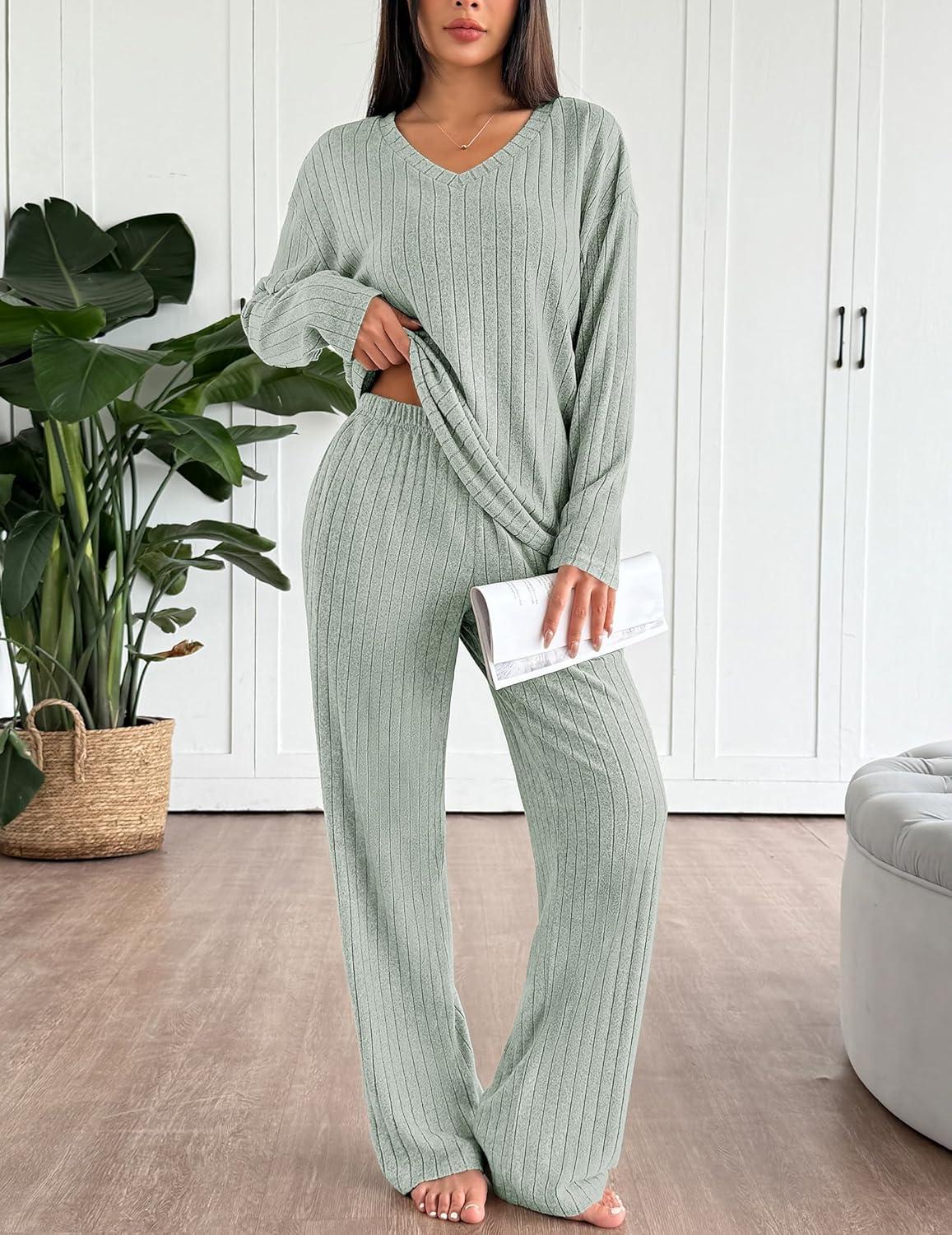 imageEkouaer Lounge Sets for Women Long Sleeve Knit Ribbed Pajama Sets 2 Piece Casual Loungewear with PocketsLight Green