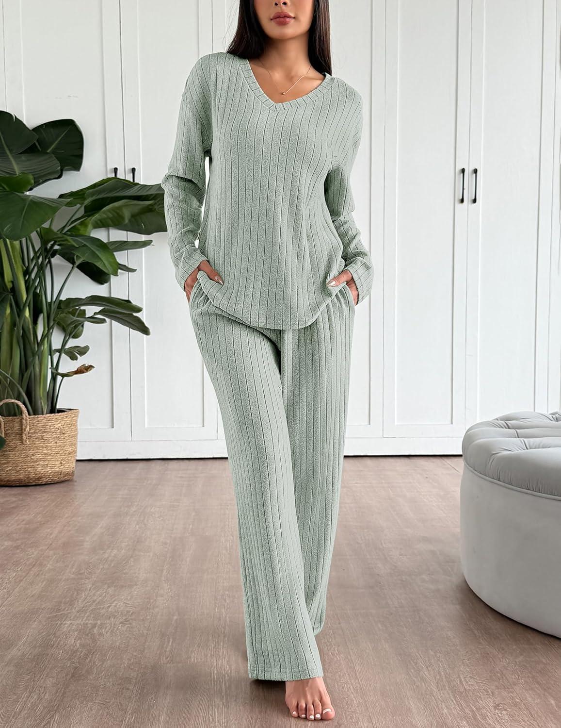 imageEkouaer Lounge Sets for Women Long Sleeve Knit Ribbed Pajama Sets 2 Piece Casual Loungewear with PocketsLight Green