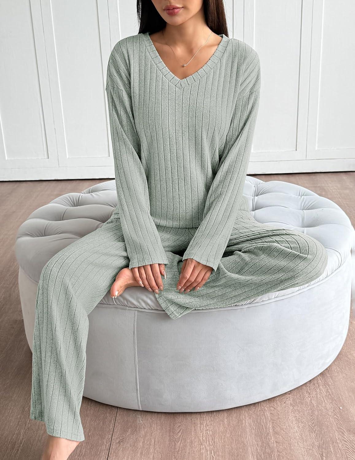 imageEkouaer Lounge Sets for Women Long Sleeve Knit Ribbed Pajama Sets 2 Piece Casual Loungewear with PocketsLight Green