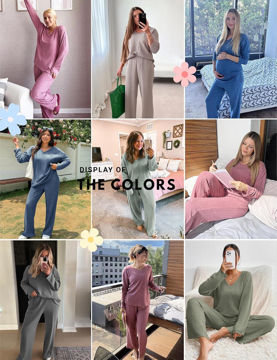 imageEkouaer Lounge Sets for Women Long Sleeve Knit Ribbed Pajama Sets 2 Piece Casual Loungewear with PocketsLight Green