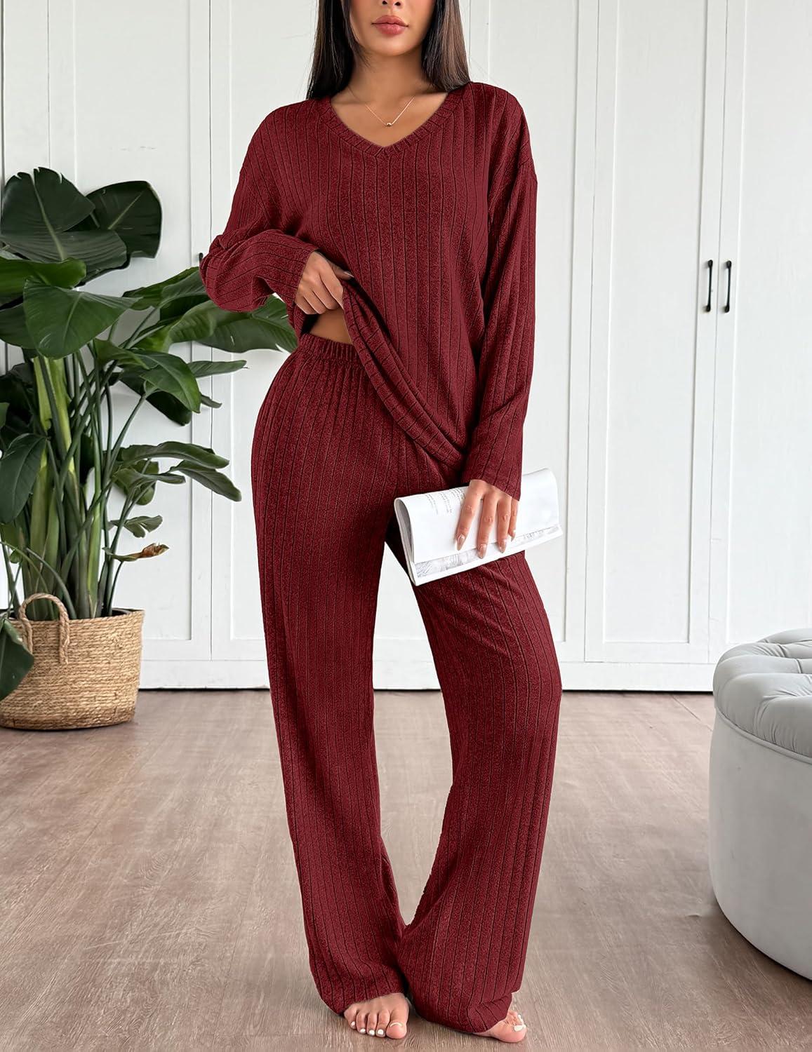 imageEkouaer Lounge Sets for Women Long Sleeve Knit Ribbed Pajama Sets 2 Piece Casual Loungewear with PocketsRed