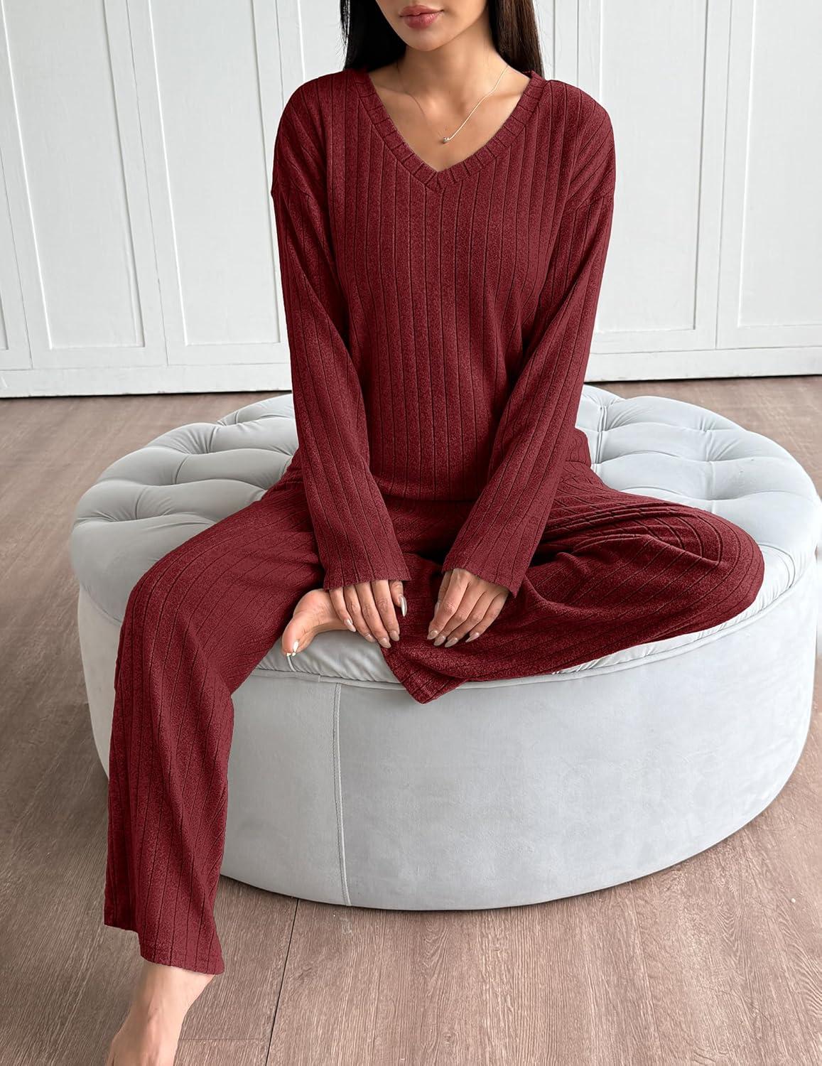 imageEkouaer Lounge Sets for Women Long Sleeve Knit Ribbed Pajama Sets 2 Piece Casual Loungewear with PocketsRed