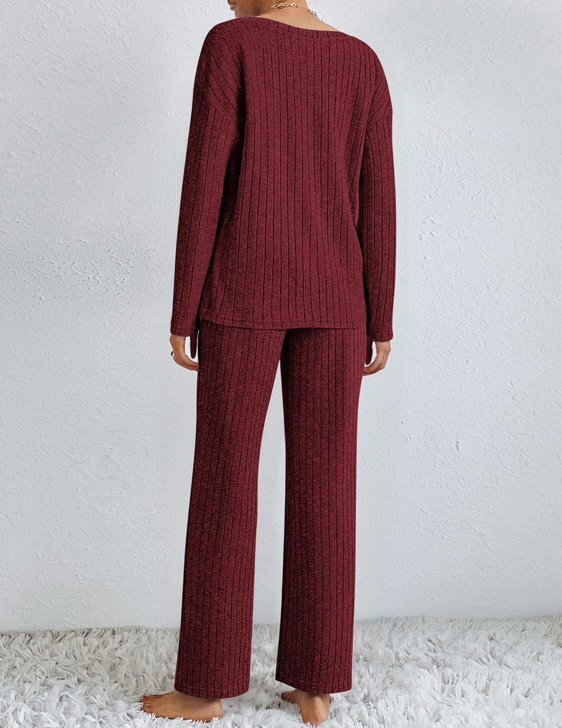 imageEkouaer Lounge Sets for Women Long Sleeve Knit Ribbed Pajama Sets 2 Piece Casual Loungewear with PocketsRed