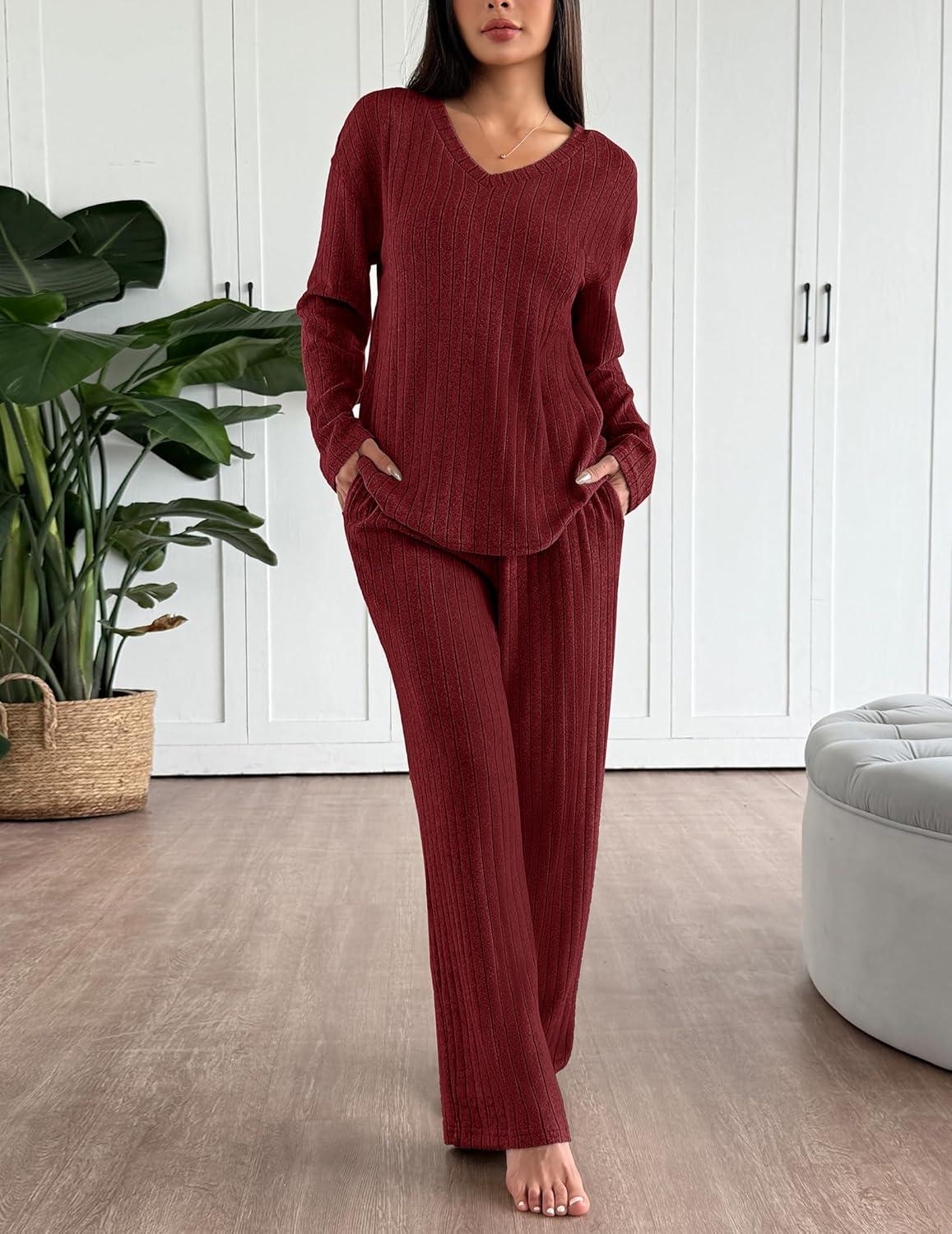 imageEkouaer Lounge Sets for Women Long Sleeve Knit Ribbed Pajama Sets 2 Piece Casual Loungewear with PocketsRed