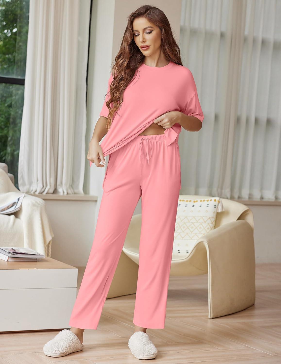 imageEkouaer Lounge Sets for Women Short Sleeve Tops and Long Pants Soft Comfy Pajamas Set 2 Piece Outfits SXXLDeep Pink