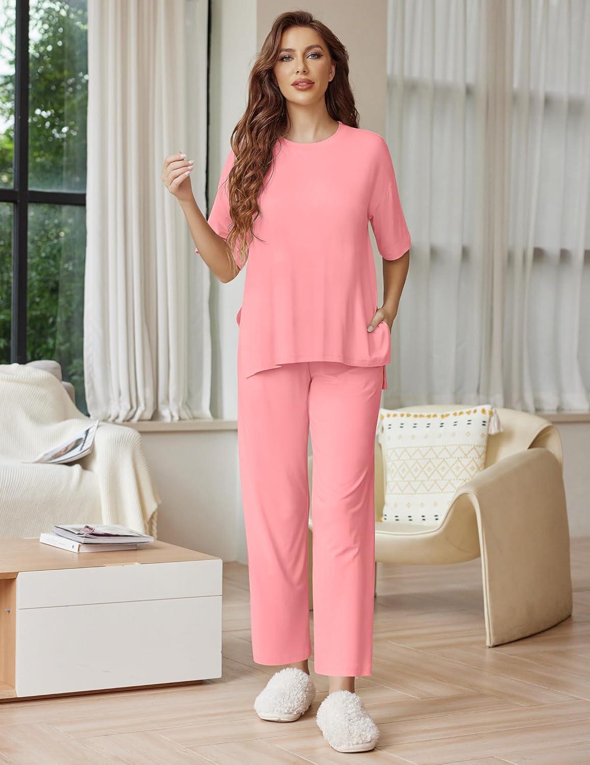 imageEkouaer Lounge Sets for Women Short Sleeve Tops and Long Pants Soft Comfy Pajamas Set 2 Piece Outfits SXXLDeep Pink