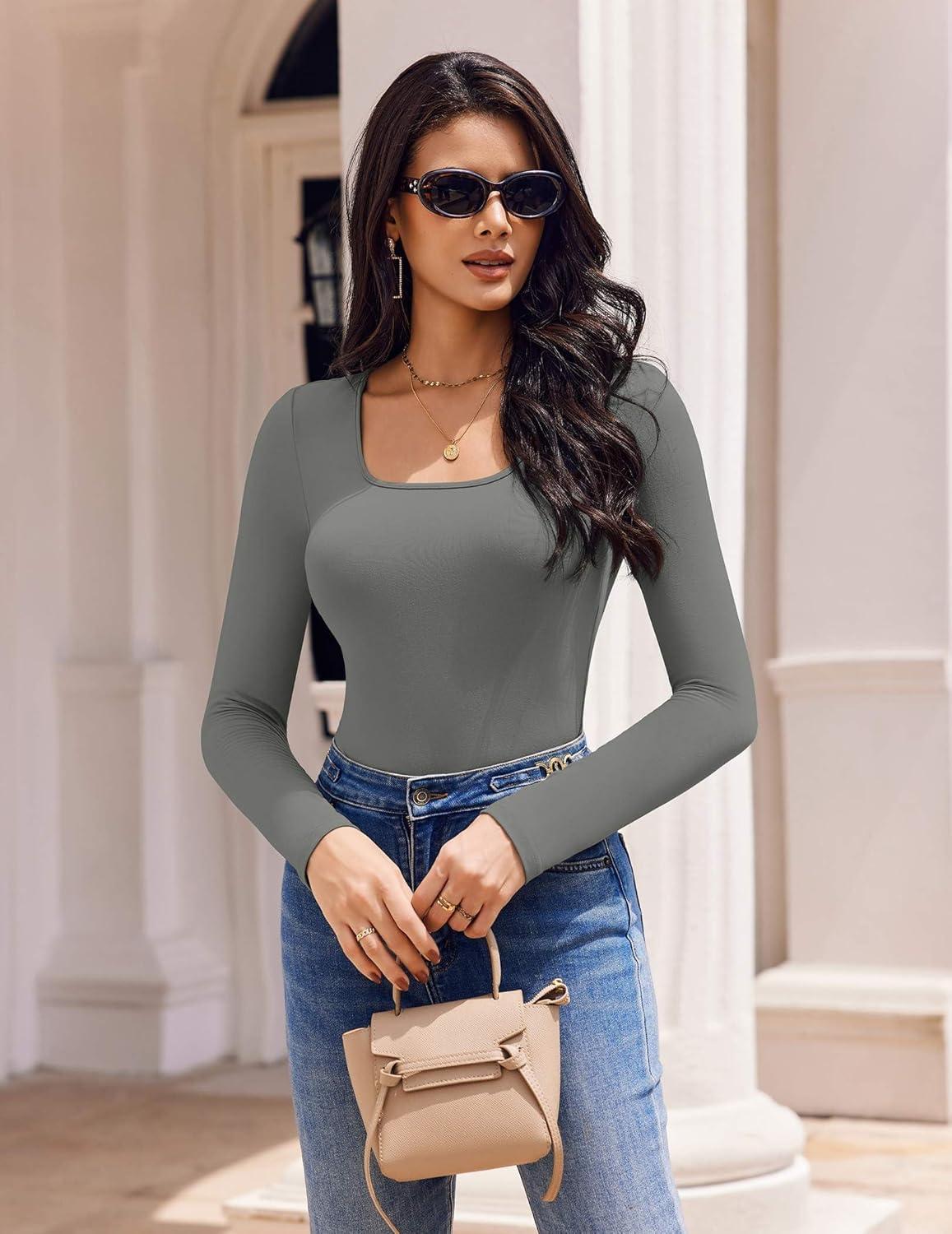 imageEkouaer Womens 3 Pack Long Sleeve Shirts Square Neck Basic Tops Fitted Tee Thermal Undershirts XSXXLBlackGrayLight Blue