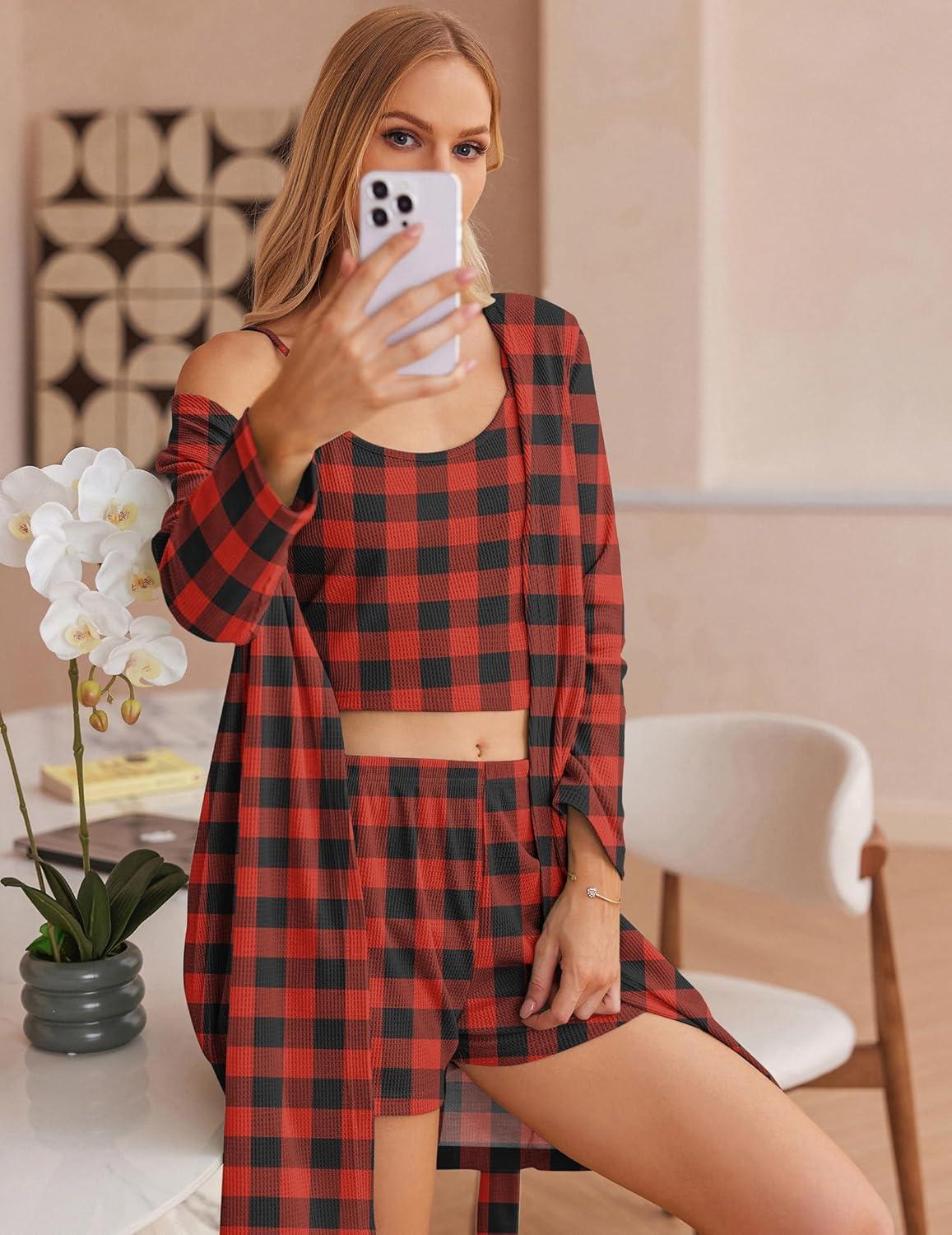 imageEkouaer Womens 3 Piece Waffle Knit Lounge Set Soft Pajama Sets Tank Top and Shorts Cardigan with Pockets SXXLBlack and Red Plaid
