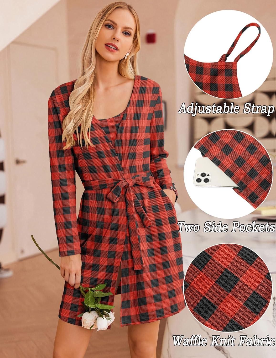 imageEkouaer Womens 3 Piece Waffle Knit Lounge Set Soft Pajama Sets Tank Top and Shorts Cardigan with Pockets SXXLBlack and Red Plaid