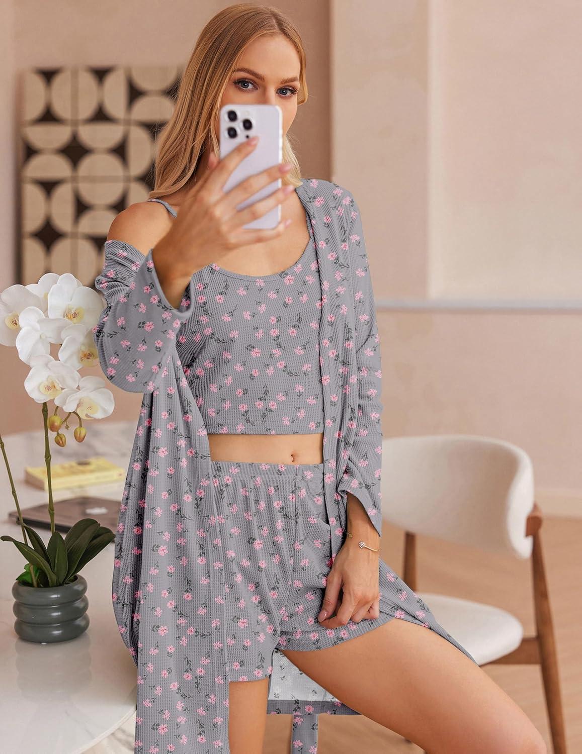 imageEkouaer Womens 3 Piece Waffle Knit Lounge Set Soft Pajama Sets Tank Top and Shorts Cardigan with Pockets SXXLPink Flower