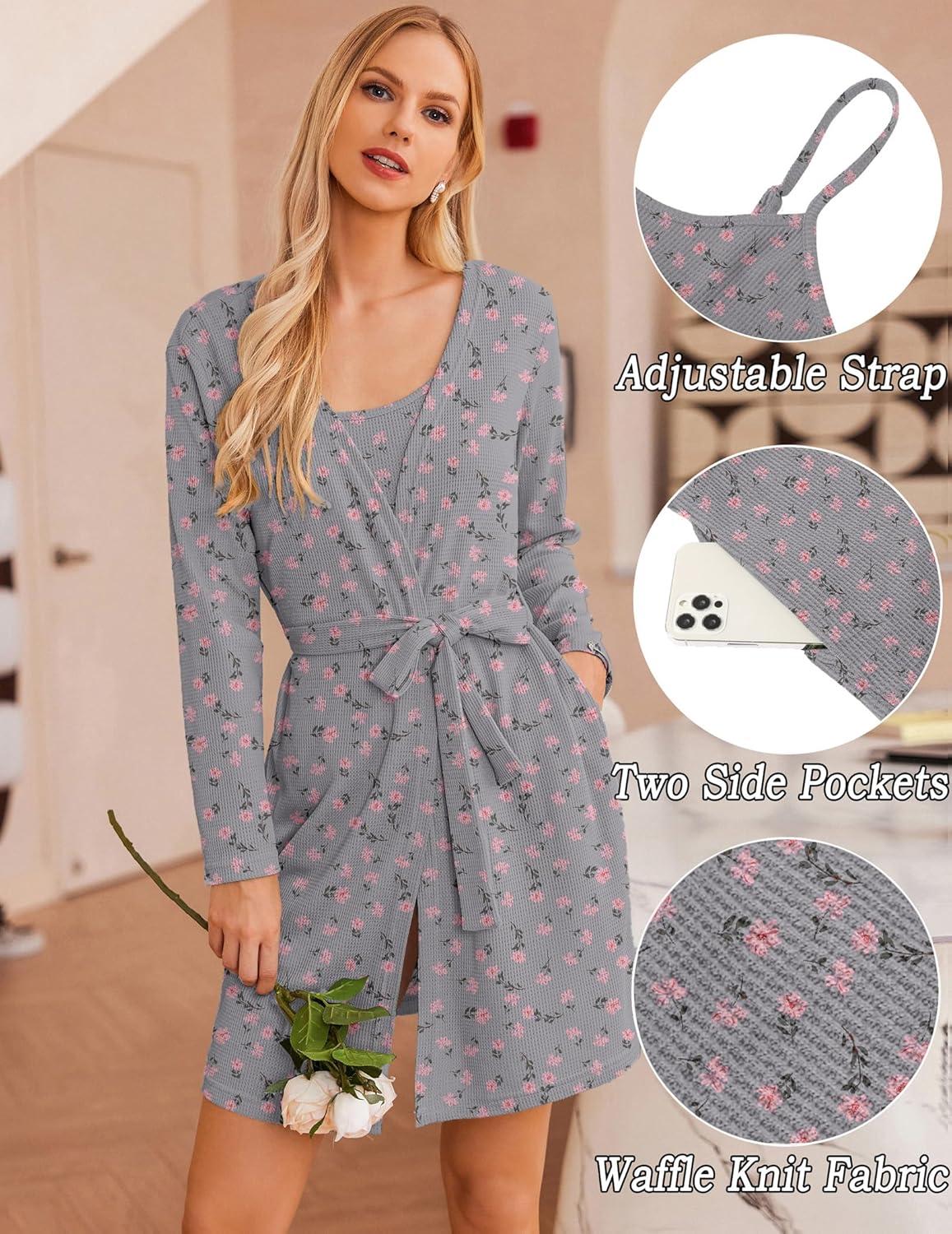imageEkouaer Womens 3 Piece Waffle Knit Lounge Set Soft Pajama Sets Tank Top and Shorts Cardigan with Pockets SXXLPink Flower