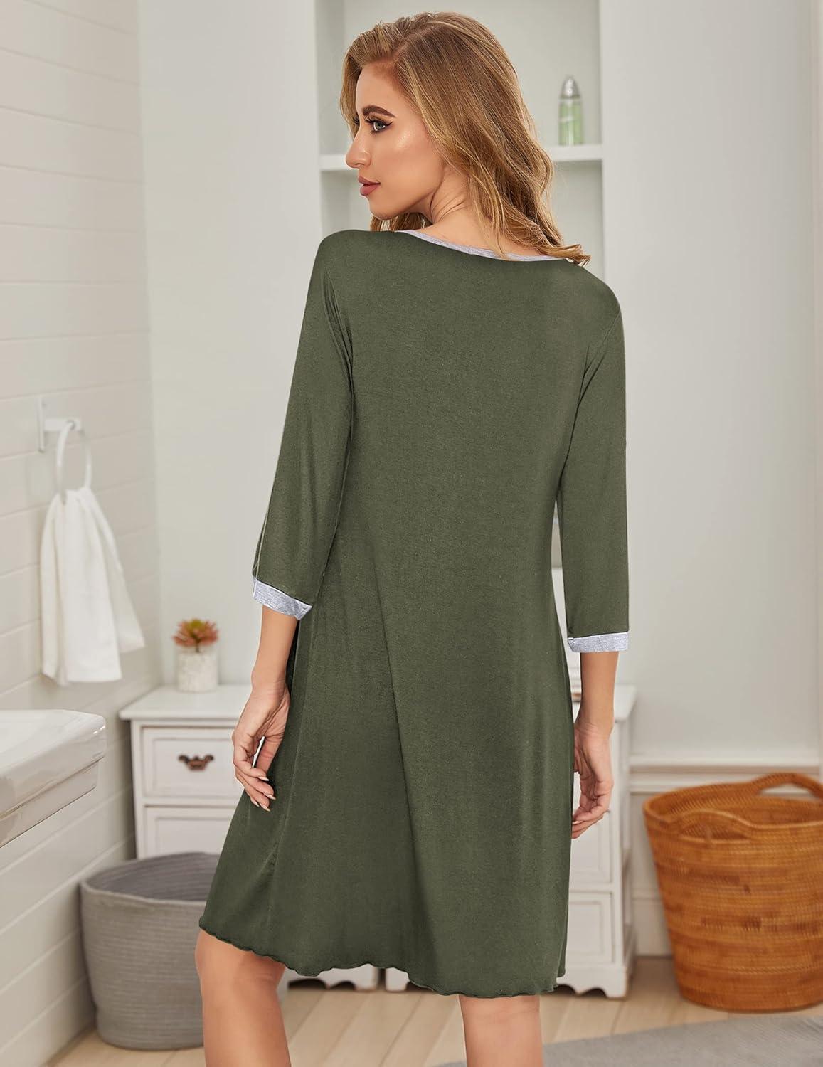imageEkouaer Womens Pleated Nightgown Soft Sleep Shirt 34 Sleeve Pajama Dress Scoopneck Sleep Tee Nightshirt Sleepwear S3XLArmy Green