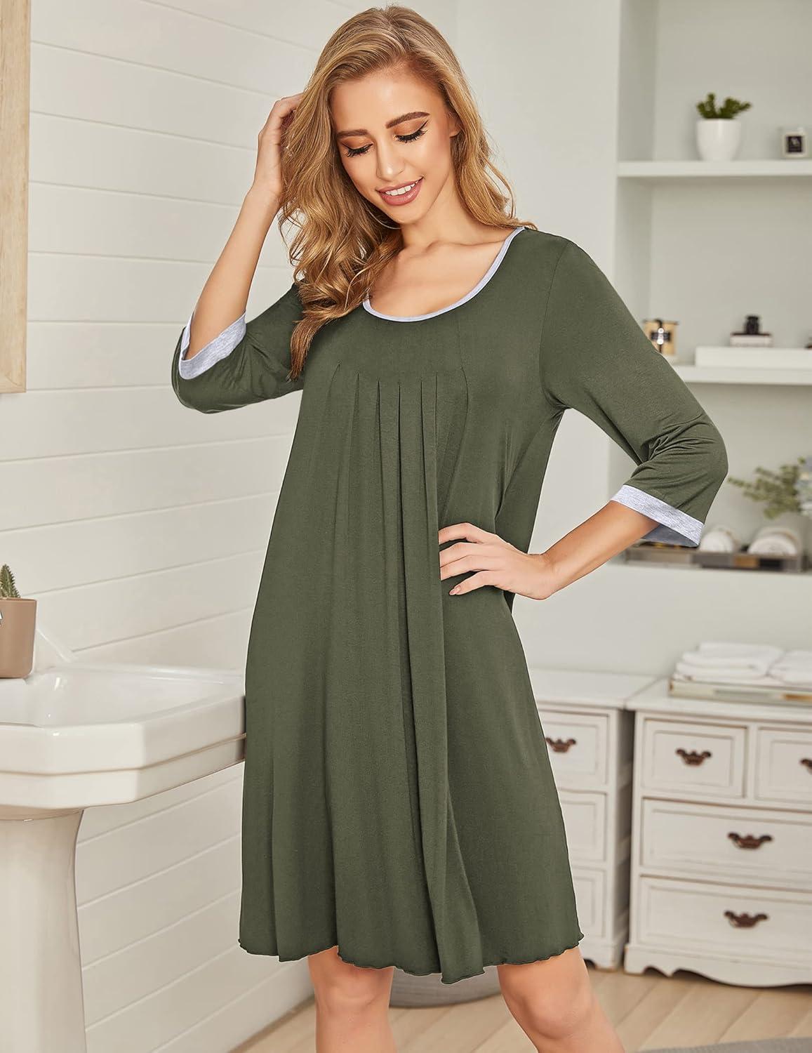 imageEkouaer Womens Pleated Nightgown Soft Sleep Shirt 34 Sleeve Pajama Dress Scoopneck Sleep Tee Nightshirt Sleepwear S3XLArmy Green