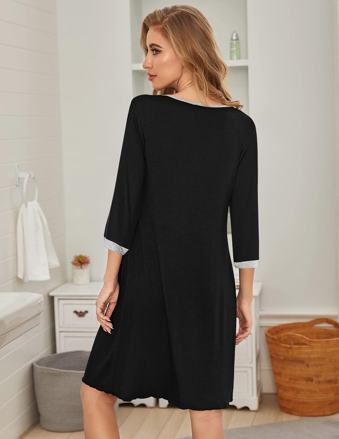imageEkouaer Womens Pleated Nightgown Soft Sleep Shirt 34 Sleeve Pajama Dress Scoopneck Sleep Tee Nightshirt Sleepwear S3XLBlack