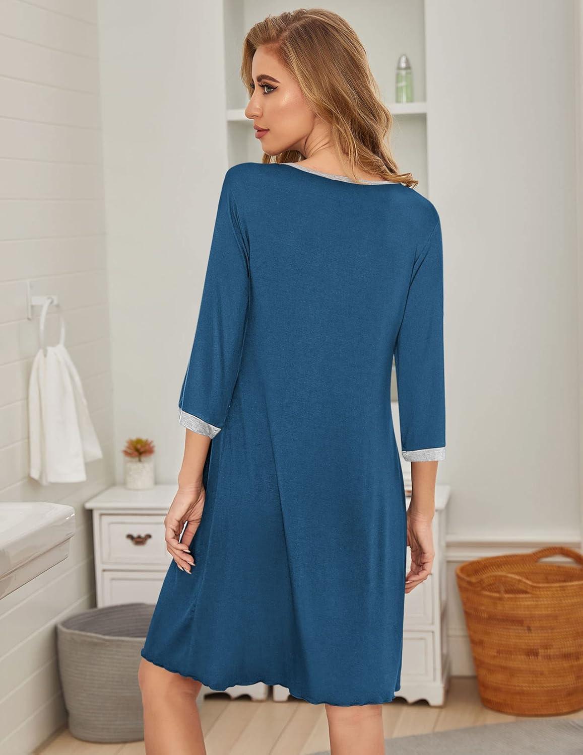 imageEkouaer Womens Pleated Nightgown Soft Sleep Shirt 34 Sleeve Pajama Dress Scoopneck Sleep Tee Nightshirt Sleepwear S3XLBlue Green
