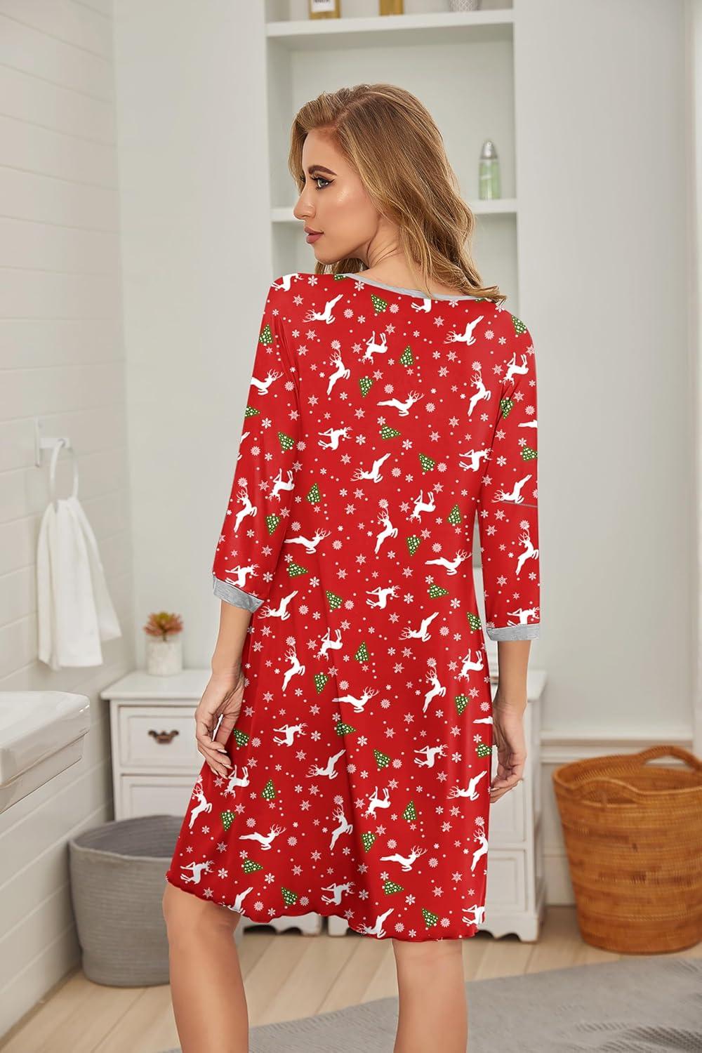 imageEkouaer Womens Pleated Nightgown Soft Sleep Shirt 34 Sleeve Pajama Dress Scoopneck Sleep Tee Nightshirt Sleepwear S3XLChristmas Elk
