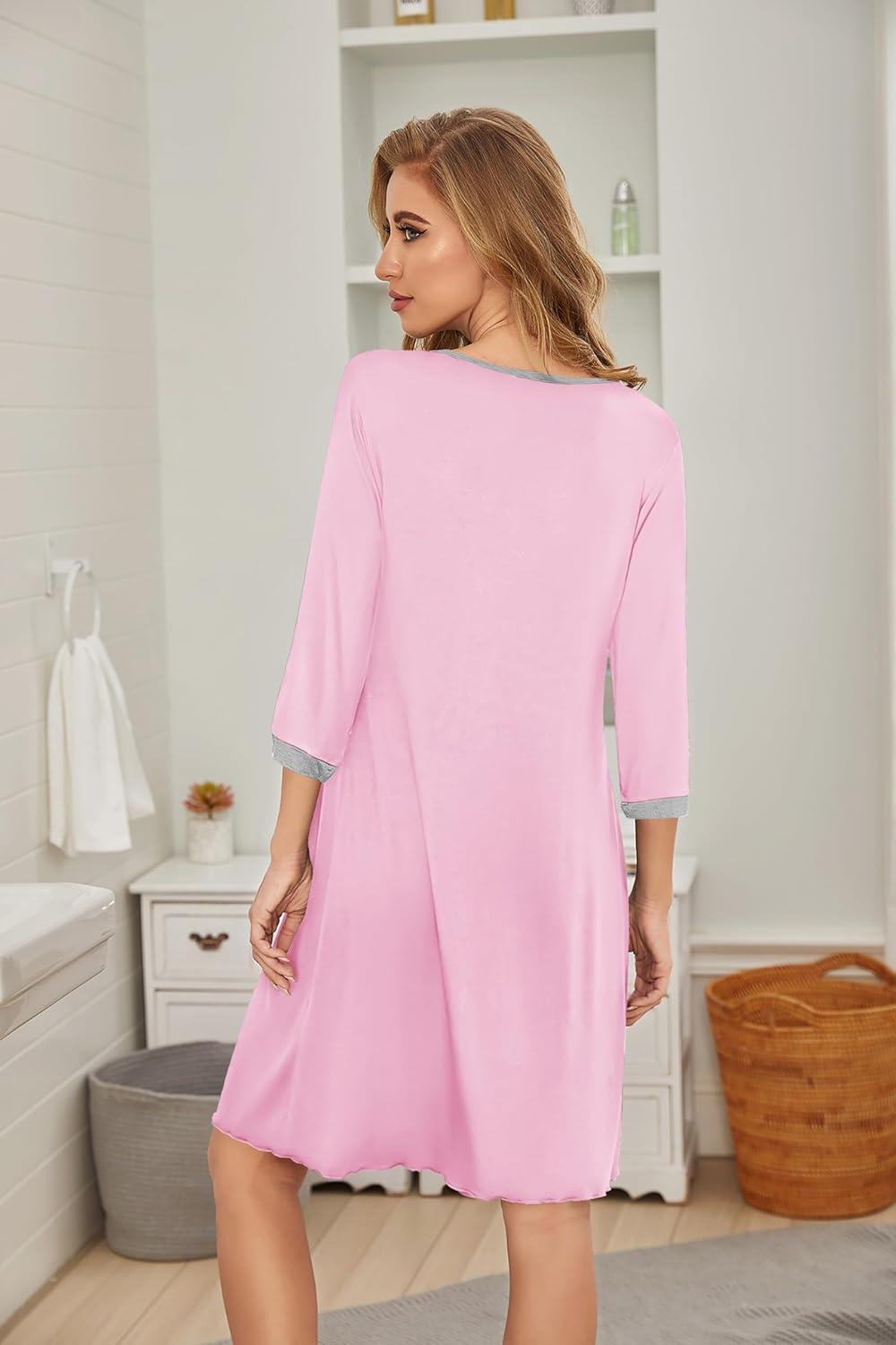 imageEkouaer Womens Pleated Nightgown Soft Sleep Shirt 34 Sleeve Pajama Dress Scoopneck Sleep Tee Nightshirt Sleepwear S3XLDark Pink