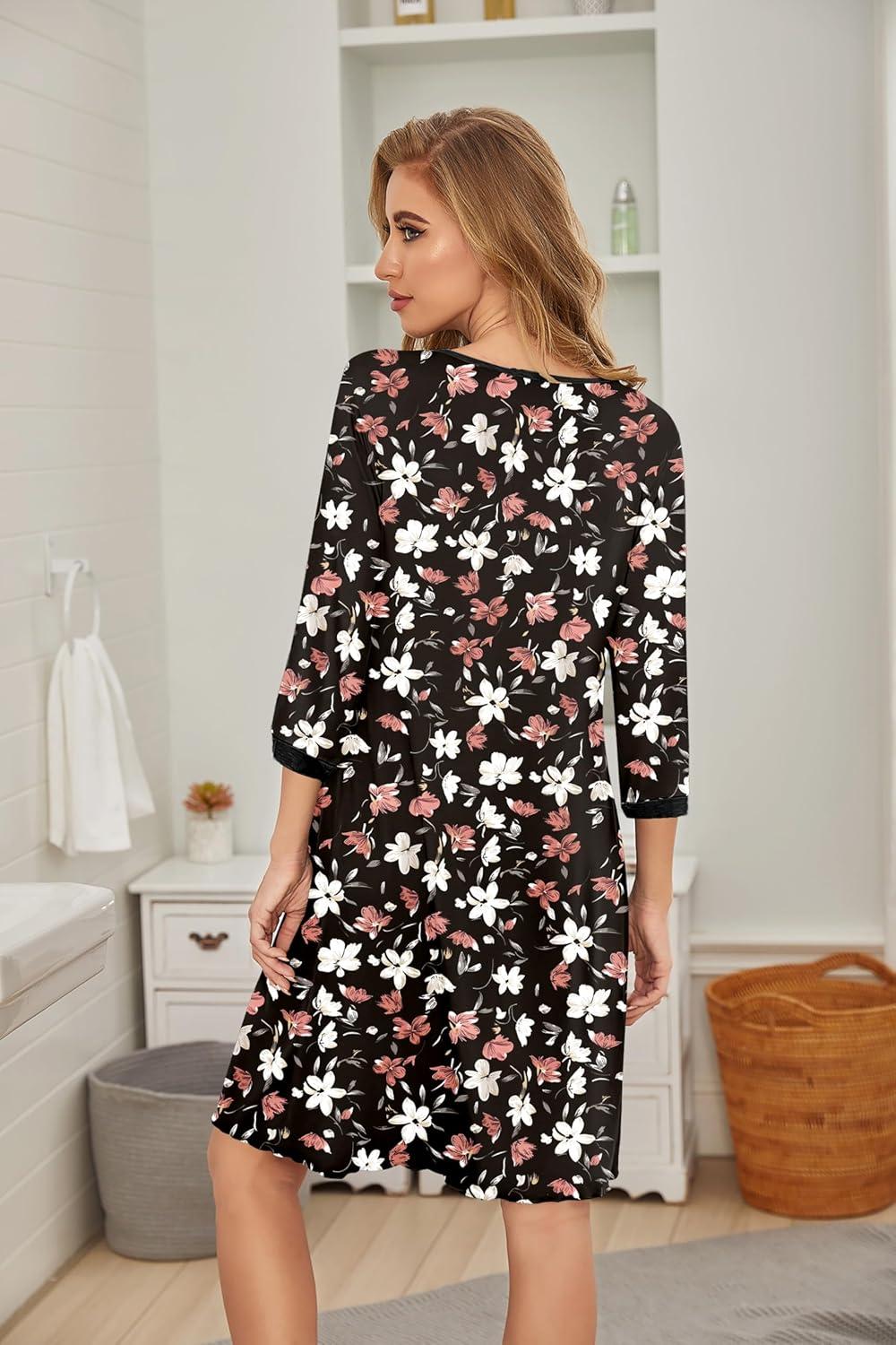 imageEkouaer Womens Pleated Nightgown Soft Sleep Shirt 34 Sleeve Pajama Dress Scoopneck Sleep Tee Nightshirt Sleepwear S3XLFloral Black Coral