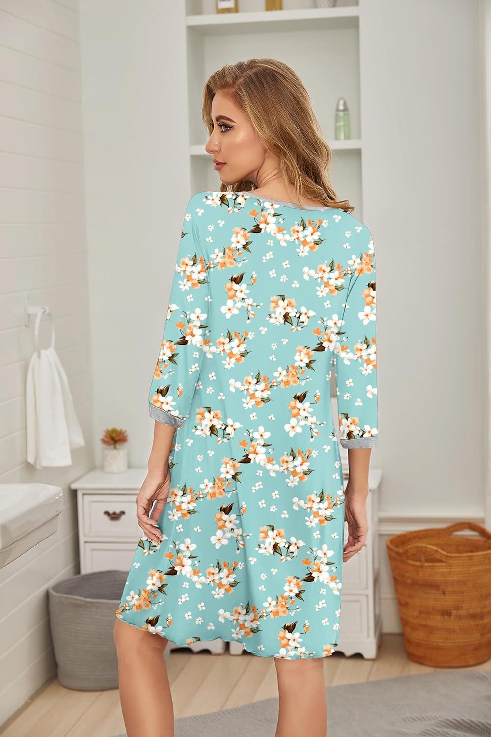 imageEkouaer Womens Pleated Nightgown Soft Sleep Shirt 34 Sleeve Pajama Dress Scoopneck Sleep Tee Nightshirt Sleepwear S3XLFloral Green