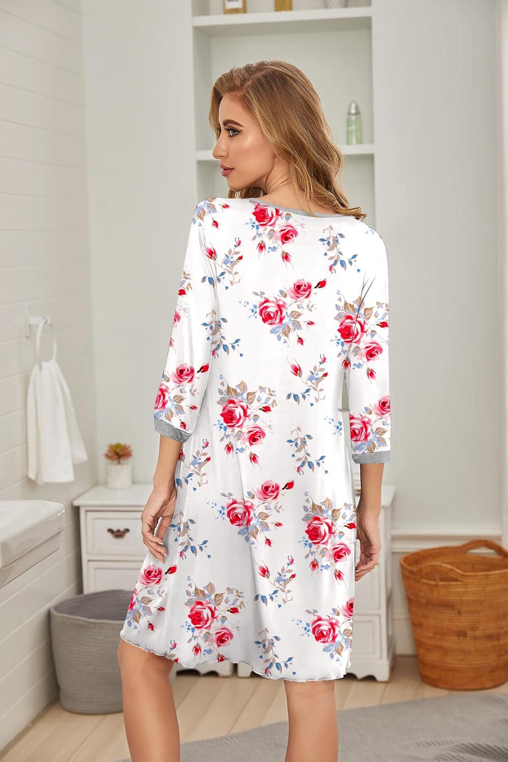 imageEkouaer Womens Pleated Nightgown Soft Sleep Shirt 34 Sleeve Pajama Dress Scoopneck Sleep Tee Nightshirt Sleepwear S3XLFloral Rose White