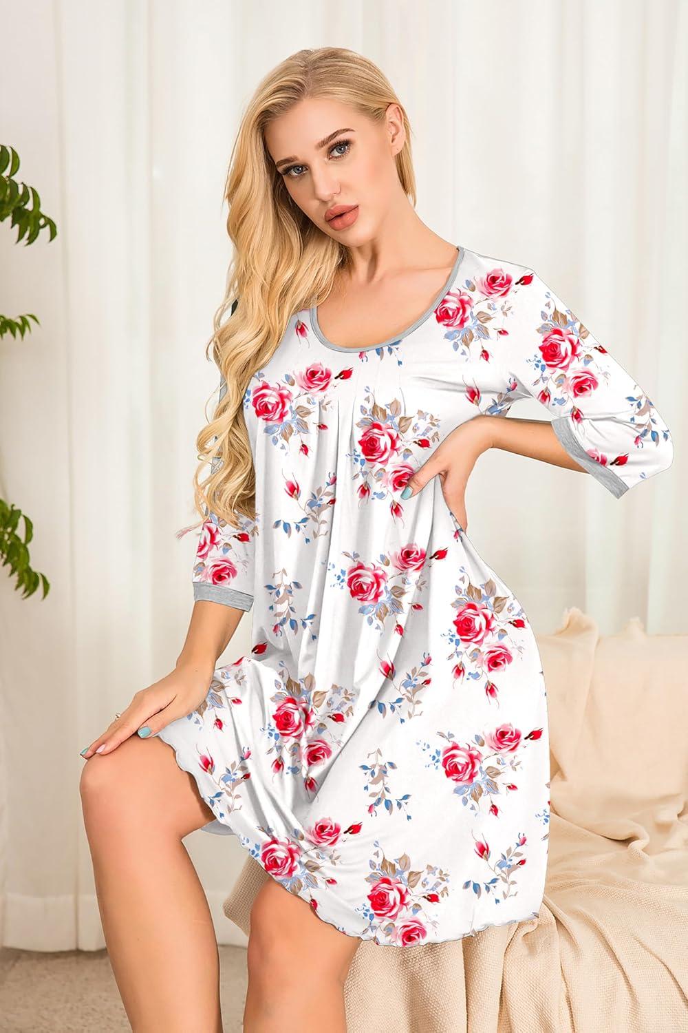 imageEkouaer Womens Pleated Nightgown Soft Sleep Shirt 34 Sleeve Pajama Dress Scoopneck Sleep Tee Nightshirt Sleepwear S3XLFloral Rose White