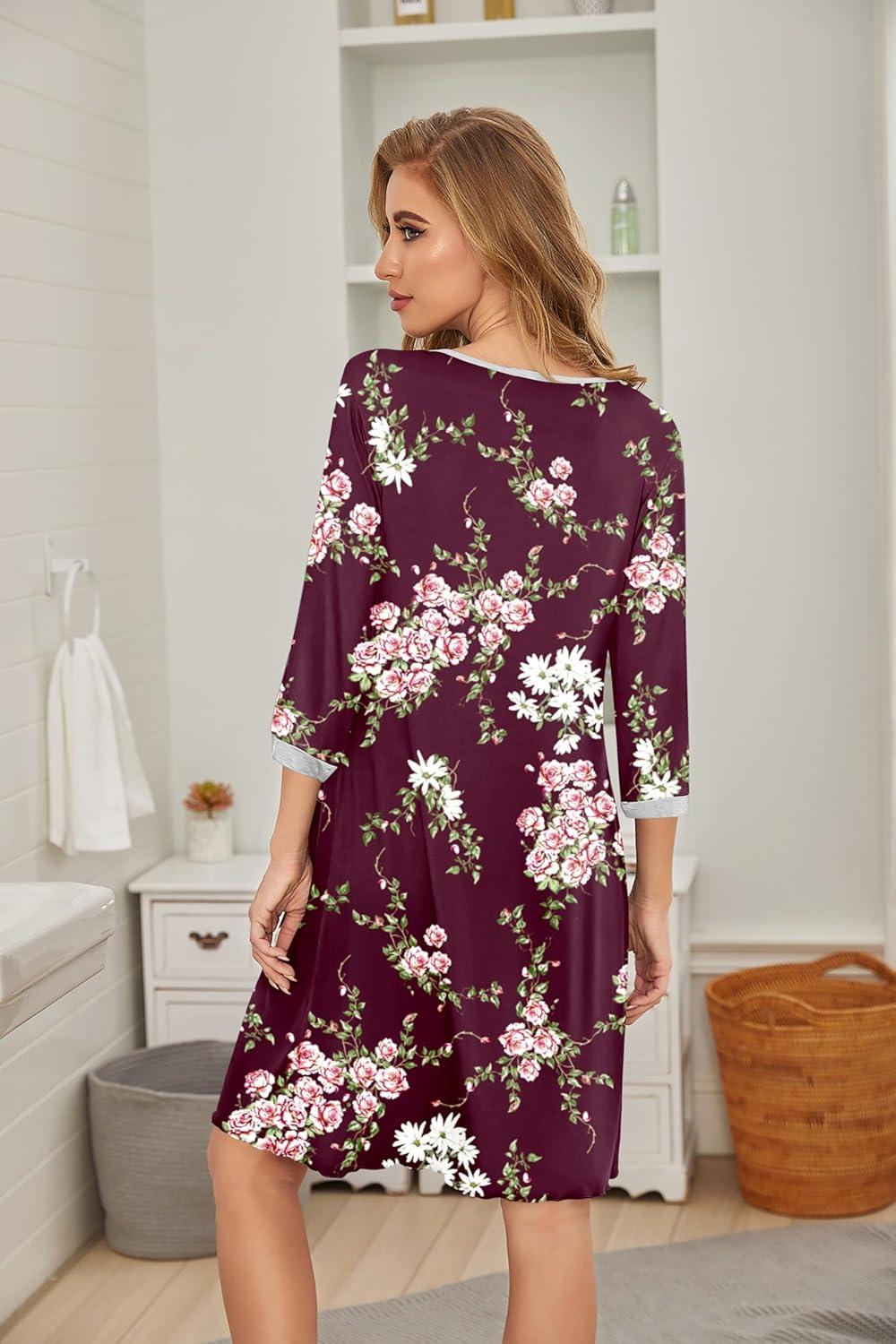 imageEkouaer Womens Pleated Nightgown Soft Sleep Shirt 34 Sleeve Pajama Dress Scoopneck Sleep Tee Nightshirt Sleepwear S3XLFloral Wine Red