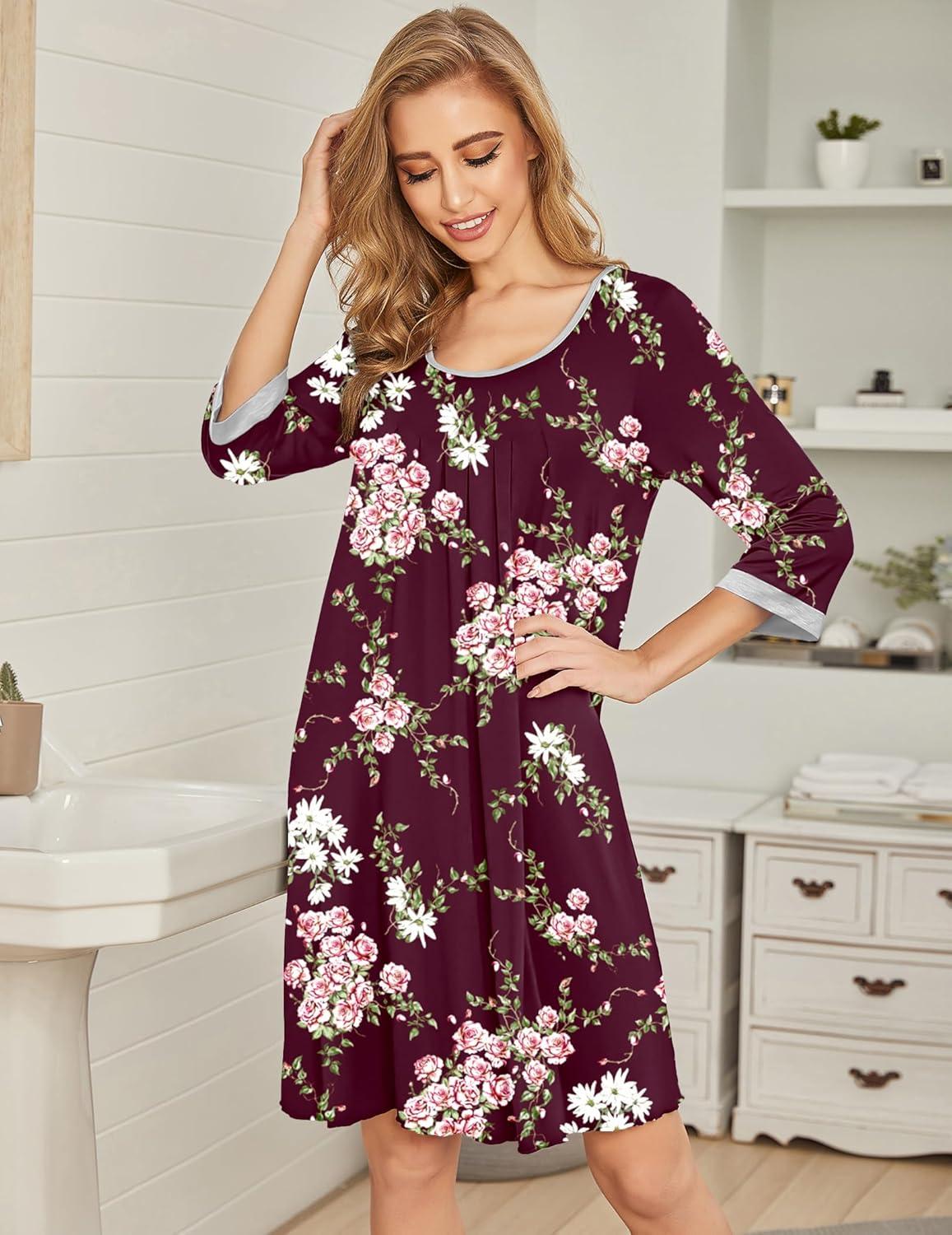 imageEkouaer Womens Pleated Nightgown Soft Sleep Shirt 34 Sleeve Pajama Dress Scoopneck Sleep Tee Nightshirt Sleepwear S3XLFloral Wine Red