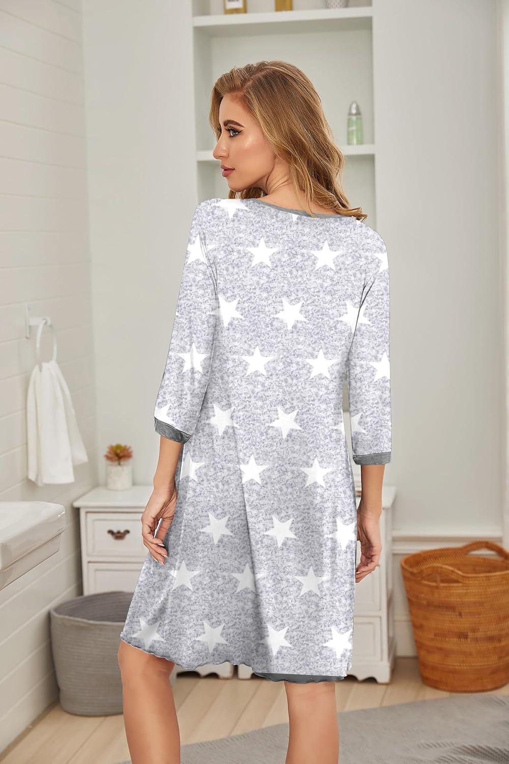 imageEkouaer Womens Pleated Nightgown Soft Sleep Shirt 34 Sleeve Pajama Dress Scoopneck Sleep Tee Nightshirt Sleepwear S3XLGray Star
