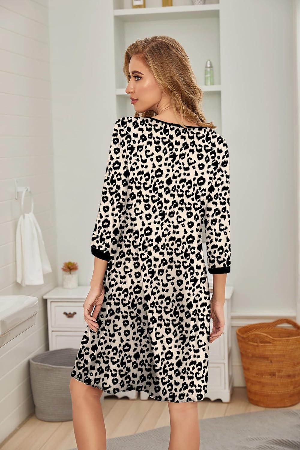 imageEkouaer Womens Pleated Nightgown Soft Sleep Shirt 34 Sleeve Pajama Dress Scoopneck Sleep Tee Nightshirt Sleepwear S3XLLeopard