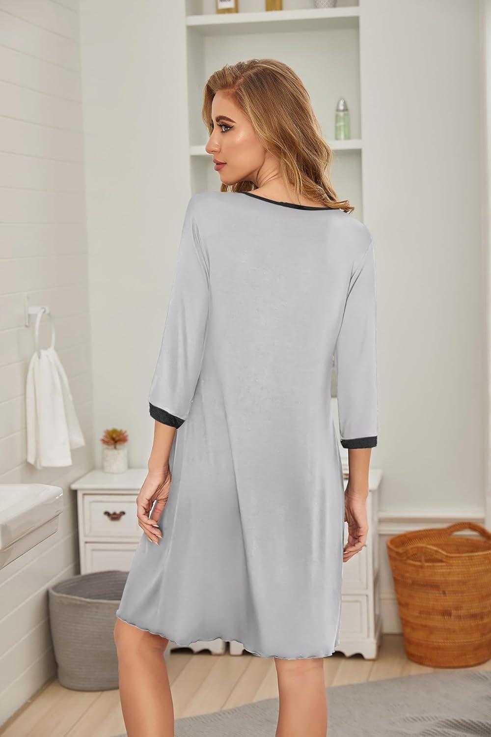 imageEkouaer Womens Pleated Nightgown Soft Sleep Shirt 34 Sleeve Pajama Dress Scoopneck Sleep Tee Nightshirt Sleepwear S3XLLight Grey