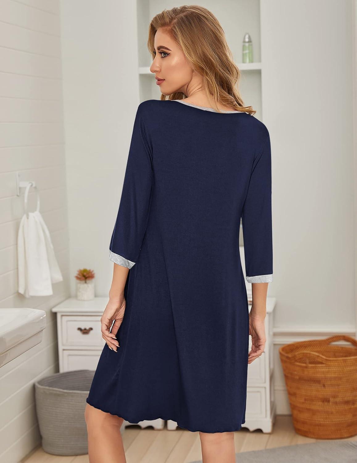 imageEkouaer Womens Pleated Nightgown Soft Sleep Shirt 34 Sleeve Pajama Dress Scoopneck Sleep Tee Nightshirt Sleepwear S3XLNavy Blue