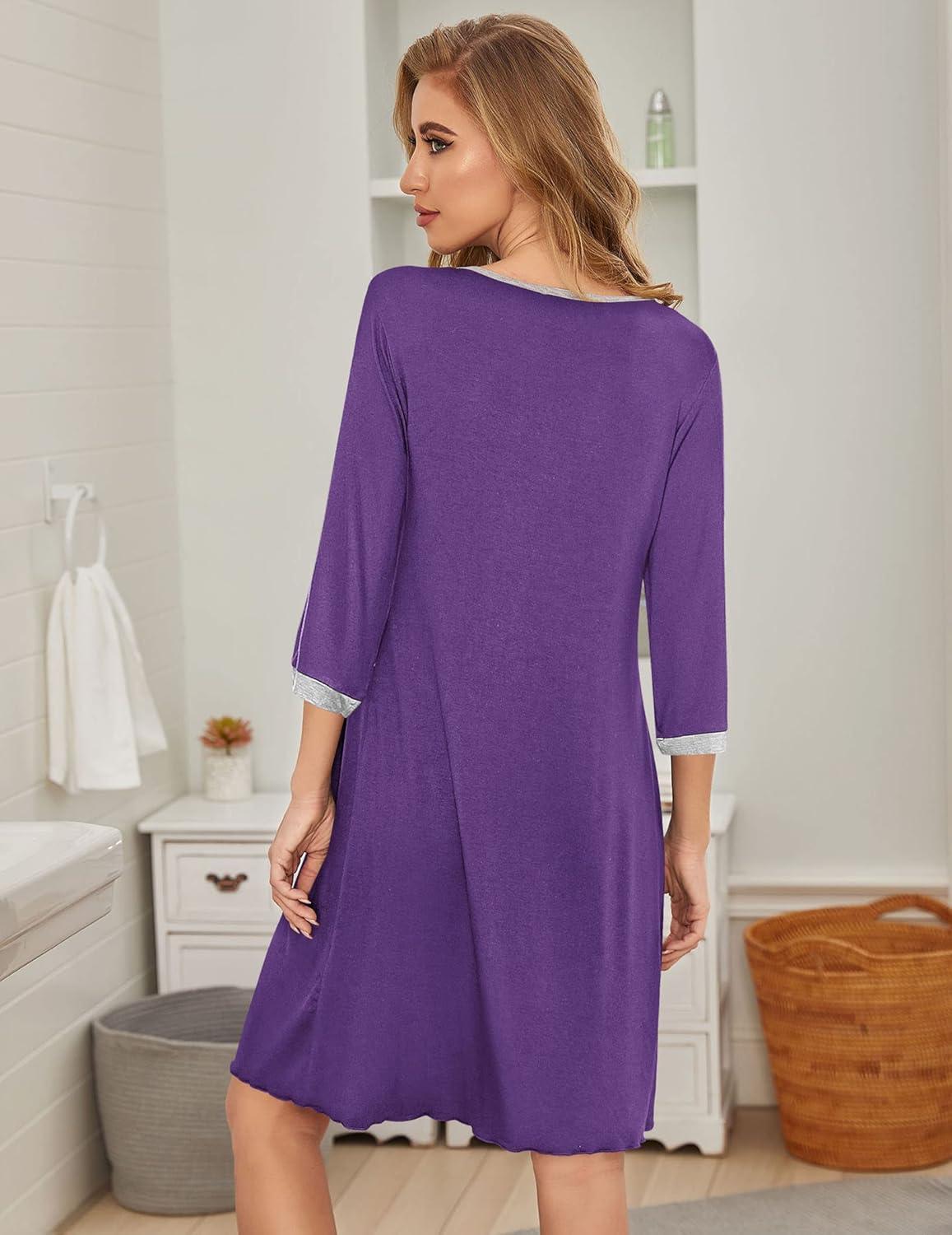 imageEkouaer Womens Pleated Nightgown Soft Sleep Shirt 34 Sleeve Pajama Dress Scoopneck Sleep Tee Nightshirt Sleepwear S3XLPurple