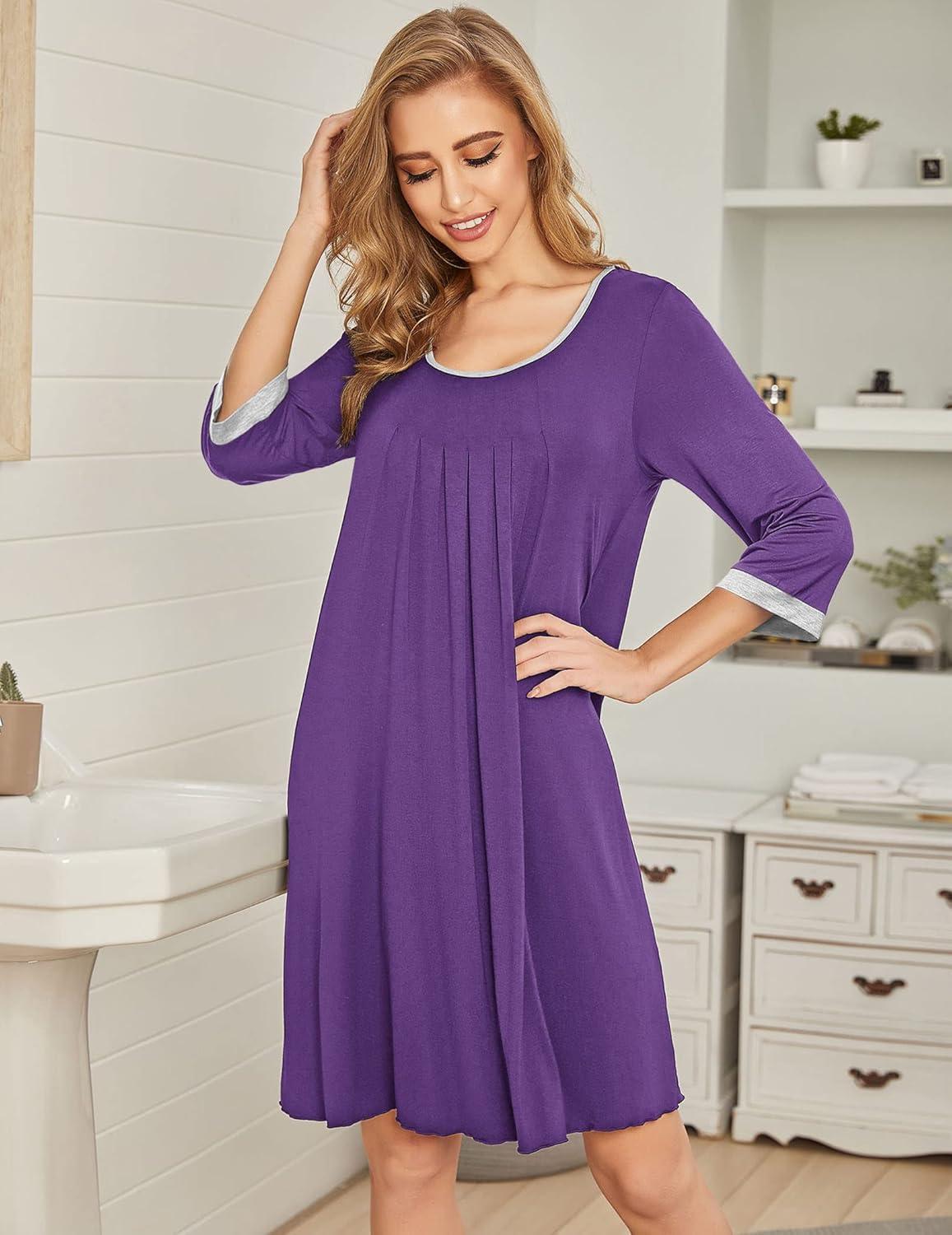 imageEkouaer Womens Pleated Nightgown Soft Sleep Shirt 34 Sleeve Pajama Dress Scoopneck Sleep Tee Nightshirt Sleepwear S3XLPurple