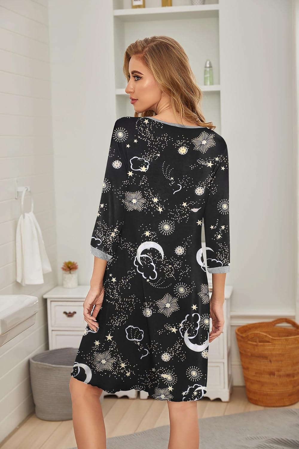 imageEkouaer Womens Pleated Nightgown Soft Sleep Shirt 34 Sleeve Pajama Dress Scoopneck Sleep Tee Nightshirt Sleepwear S3XLStar Moon Black