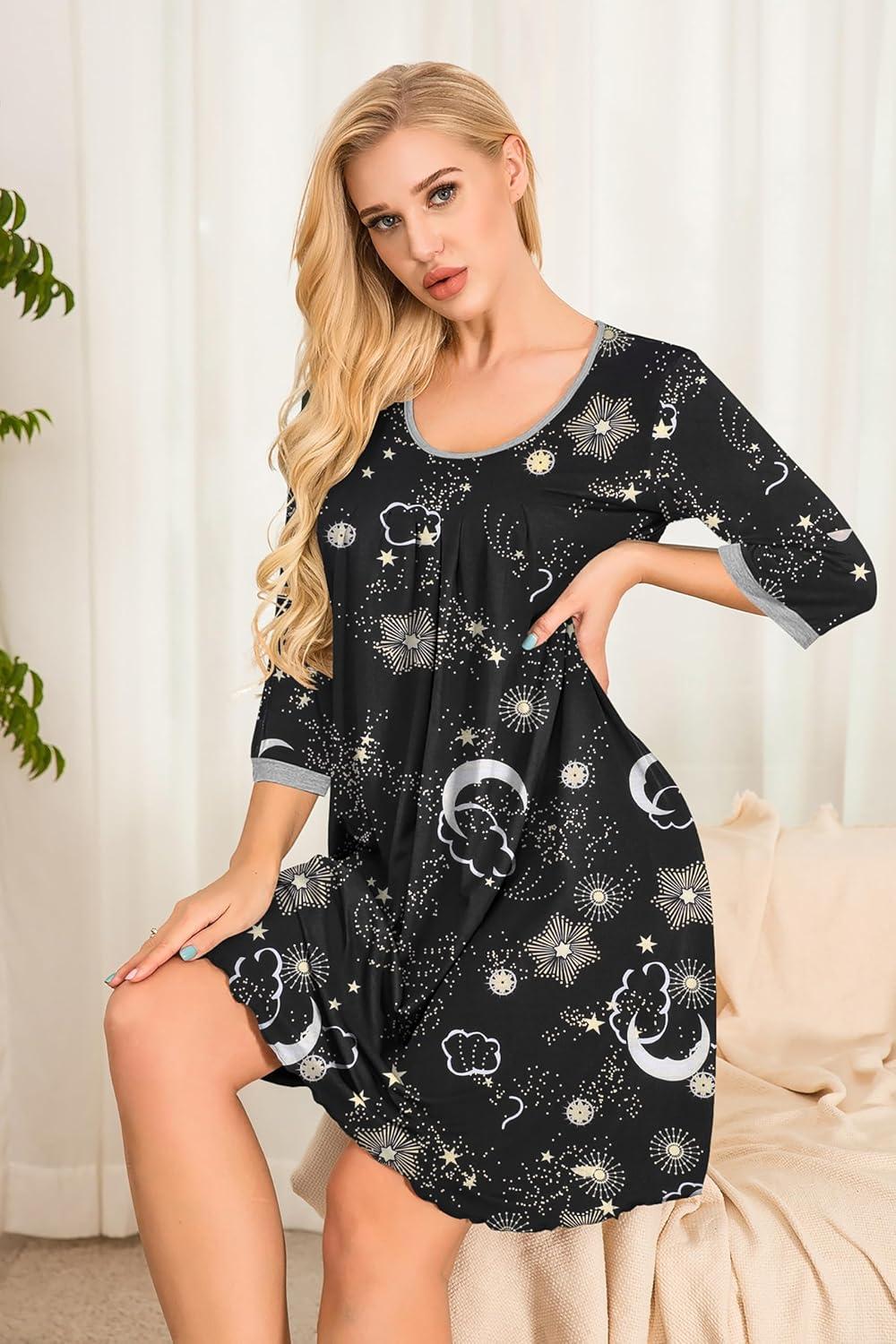 imageEkouaer Womens Pleated Nightgown Soft Sleep Shirt 34 Sleeve Pajama Dress Scoopneck Sleep Tee Nightshirt Sleepwear S3XLStar Moon Black