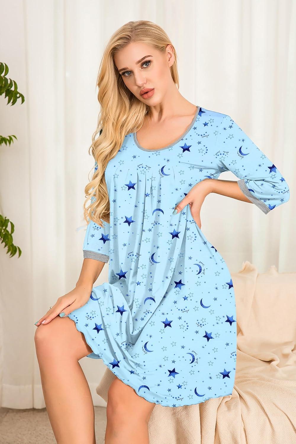 imageEkouaer Womens Pleated Nightgown Soft Sleep Shirt 34 Sleeve Pajama Dress Scoopneck Sleep Tee Nightshirt Sleepwear S3XLStar Moon Blue