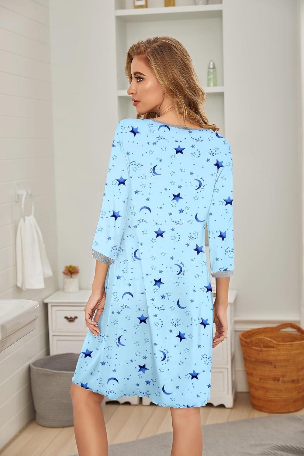 imageEkouaer Womens Pleated Nightgown Soft Sleep Shirt 34 Sleeve Pajama Dress Scoopneck Sleep Tee Nightshirt Sleepwear S3XLStar Moon Blue
