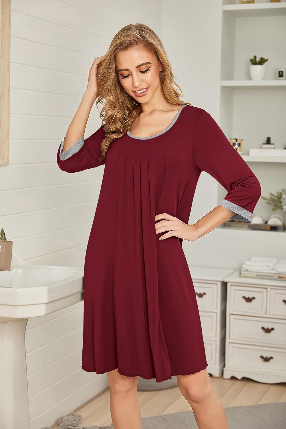 imageEkouaer Womens Pleated Nightgown Soft Sleep Shirt 34 Sleeve Pajama Dress Scoopneck Sleep Tee Nightshirt Sleepwear S3XLWine Red